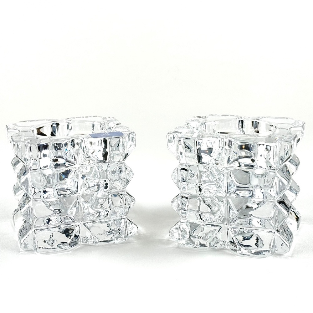Pair of square glass votive candle holders. 3" x 3". Approx. 2.75" H. LiR